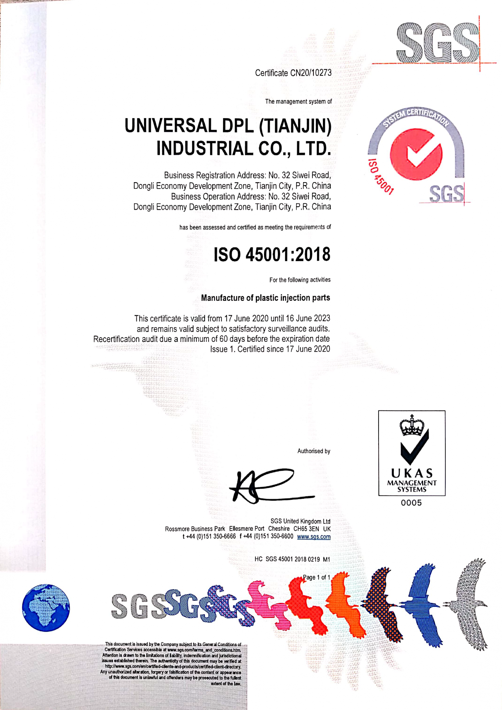 震宇（天津）精密 ISO45001 证书(2018)